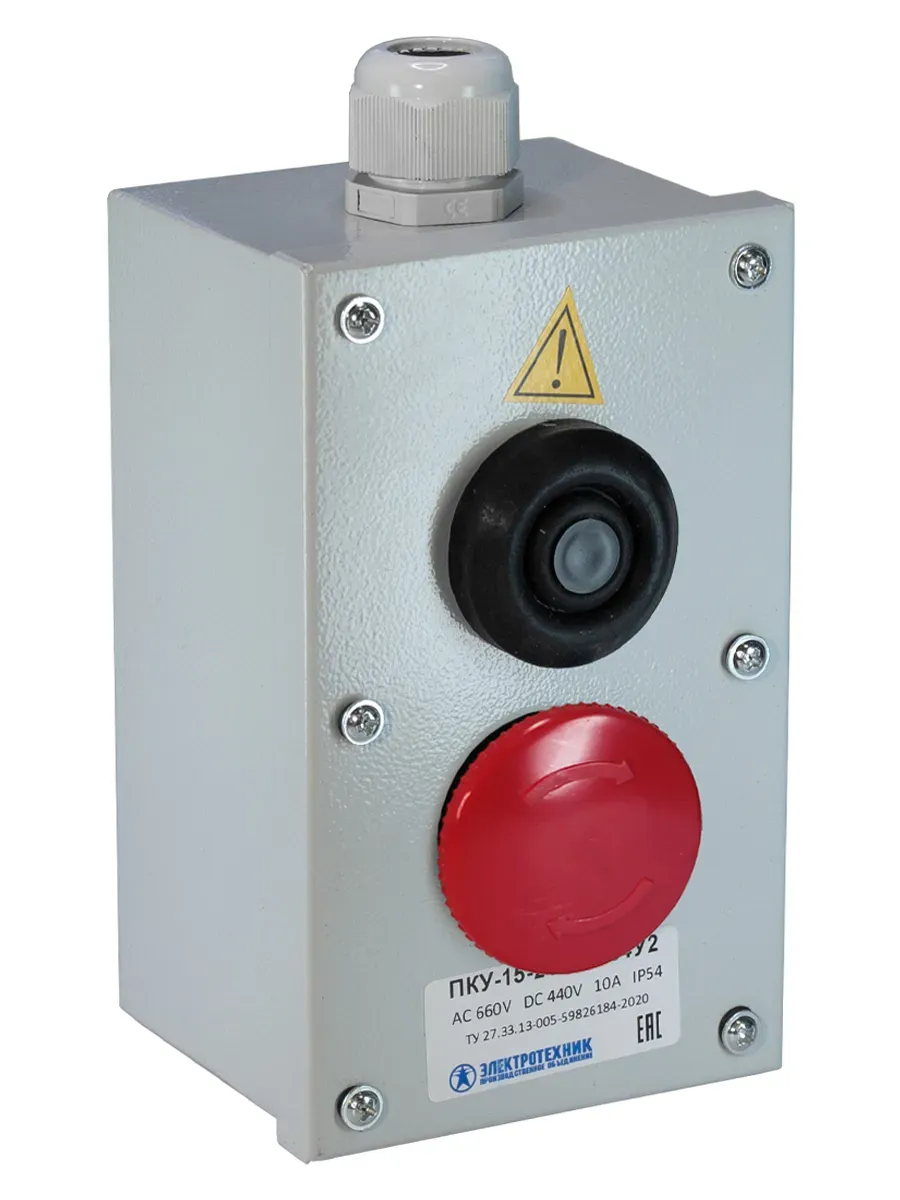 Пост управления ПКУ-15-21.121-54У2 (1хКЕ081/2(1з+1р) черная + 1хКЕ141/2(1з+1р) красная, гриб с фиксацией + PG-19) Электротехник ET003781