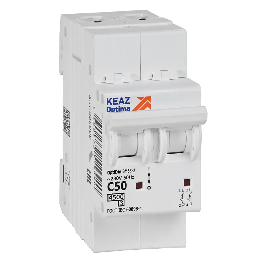 Выключатель автоматический двухполюсный 50а c 4,5ка ac optidin bm63-2c50-4,5-ухл3 КЭАЗ 326808