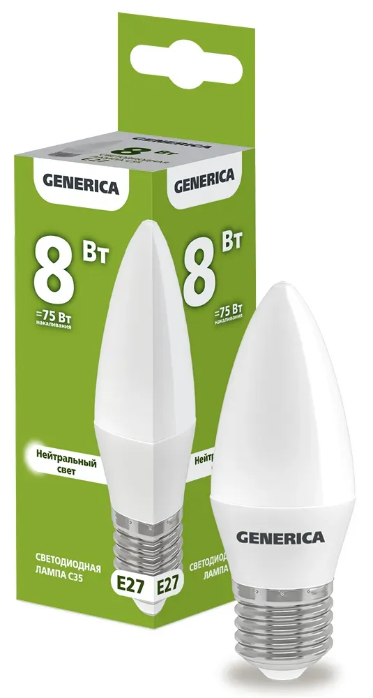 Лампа светодиодная c35 свеча 8вт 230в 4000к e27 generica IEK LL-C35-08-230-40-E27-G