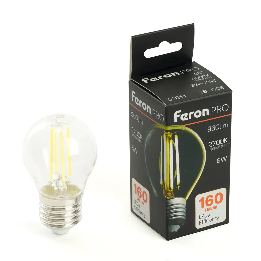 Лампа светодиодная led 6вт е27 теплый шар filament feron.pro STEKKER 51250