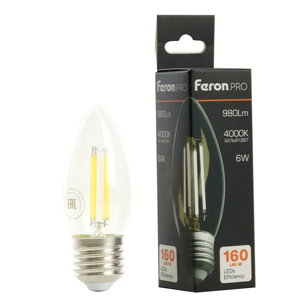 Лампа светодиодная LED 6вт Е27 дневной свеча FILAMENT Feron.PRO