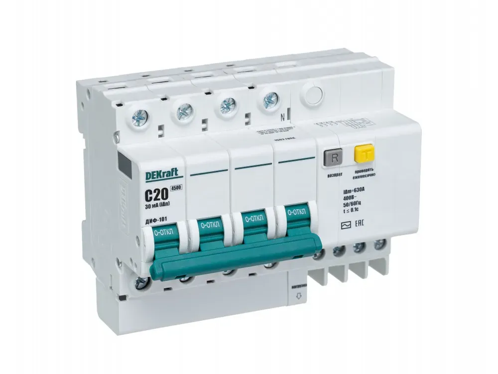 Выключатель автоматический дифференциальный 4п 20А 30мА тип AC С ДИФ-101 4.5кА SE (Dekraft) 15021DEK