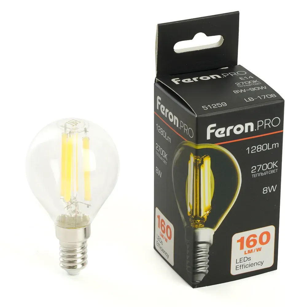 Лампа светодиодная led 8вт е14 теплый шар filament feron.pro STEKKER 51259