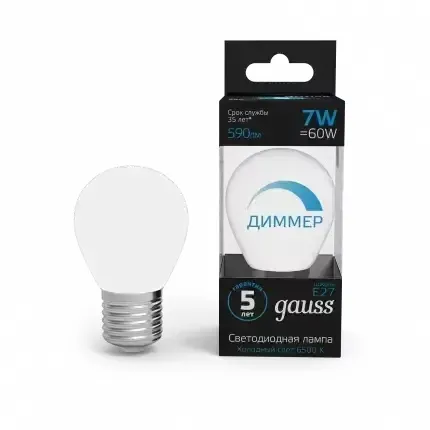 Лампа светодиодная led 7 вт 590 лм 6500к ac150-265в e27 шар p45 холодная диммируемая black gauss GAUSS 105102307-D