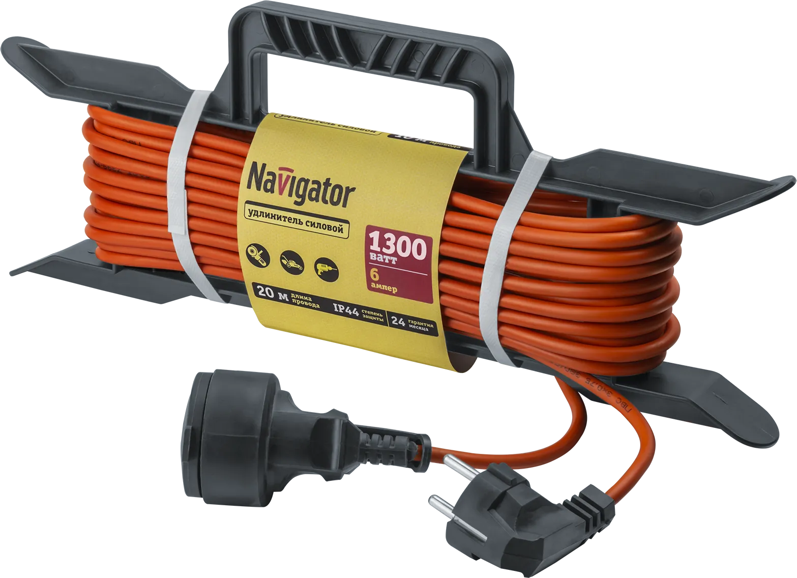 Удлинитель силовой NPE-F-20-E-3x0.75 на рамке c/з 20м ПВС 3х0,75 1300 Вт IP44 Navigator Group 29858