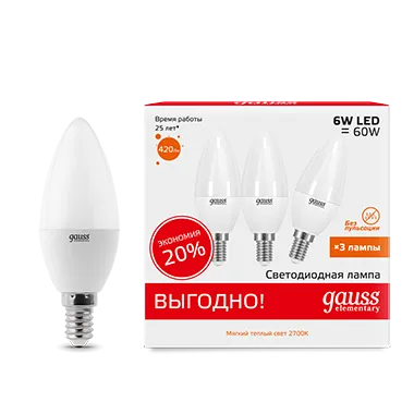 Лампа светодиодная led 6 вт 420 лм 3000к ac180-240в e14 свеча теплая (промоупаковка 3 лампы) elementary GAUSS 33116T