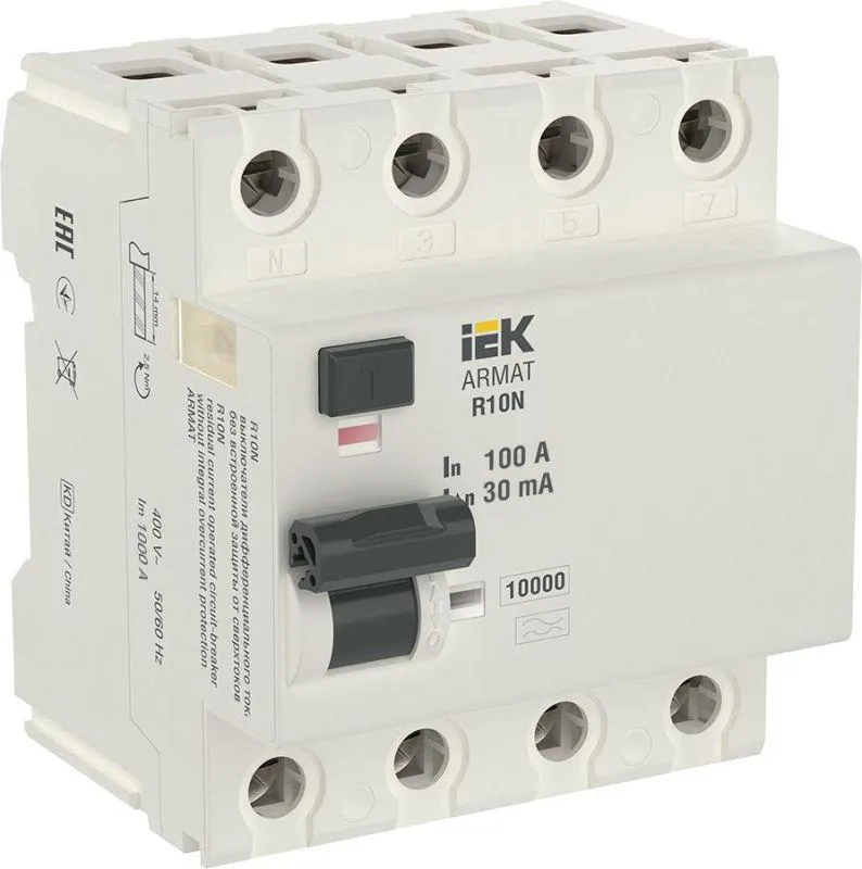 ARMAT Выключатель дифференциального тока R10N (УЗО) 4п 100А 30мА тип AC IEK AR-R10N-4-100C030