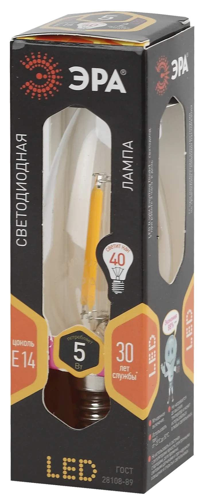 Лампа светодиодная филаментная f-led b35-5w-827-e14 (филамент, свеча, 5вт, тепл, e14 (10/100/5000) ЭРА Б0043435