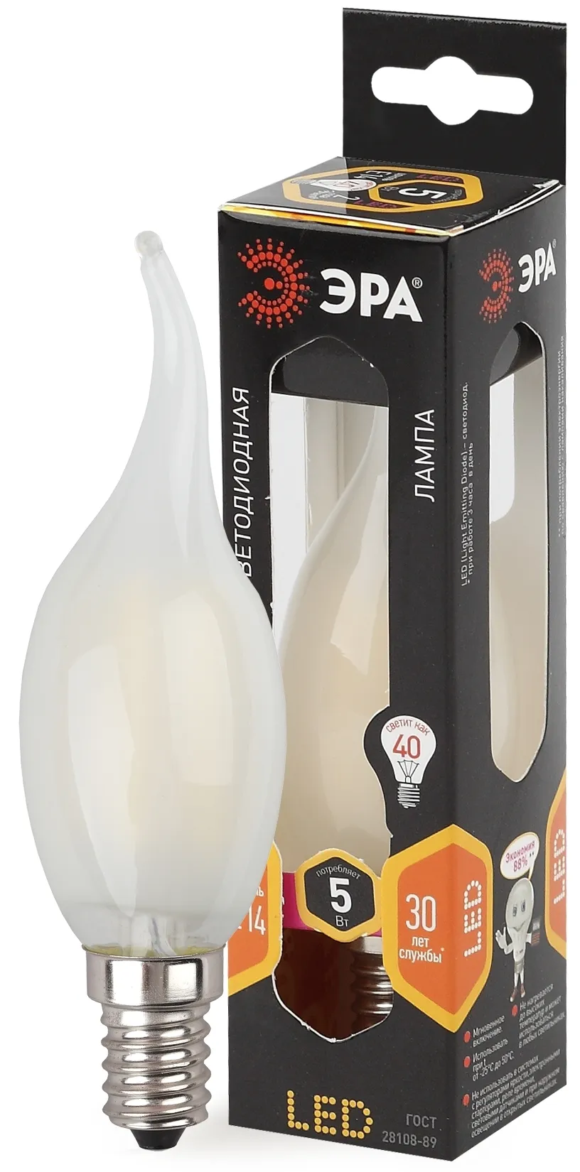 Лампа светодиодная филаментная f-led bxs-5w-827-e14 frost (филамент, свеча на ветру мат., 5вт, тепл, e14 (10/100/2800) ЭРА Б0027927