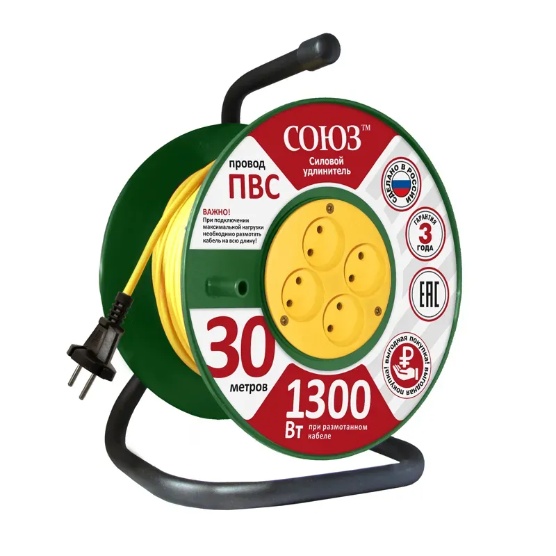 Удлинитель ТМ Союз силовой на катушке с 4  гнезда 1300 Вт 30м Универсал 481S-3103