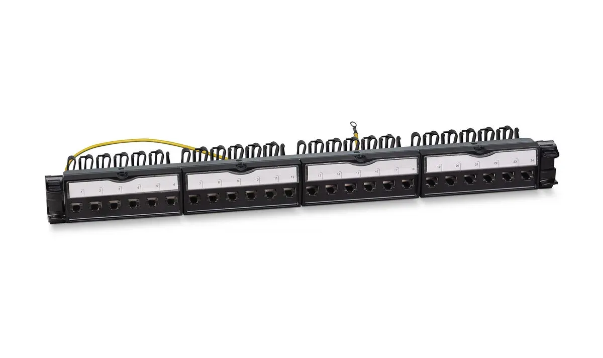 Патч-панель 19'' (1U). 24 порта RJ-45. категория  6a. полностью экранированная. с задним кабельным организатором. безинструментный монтаж