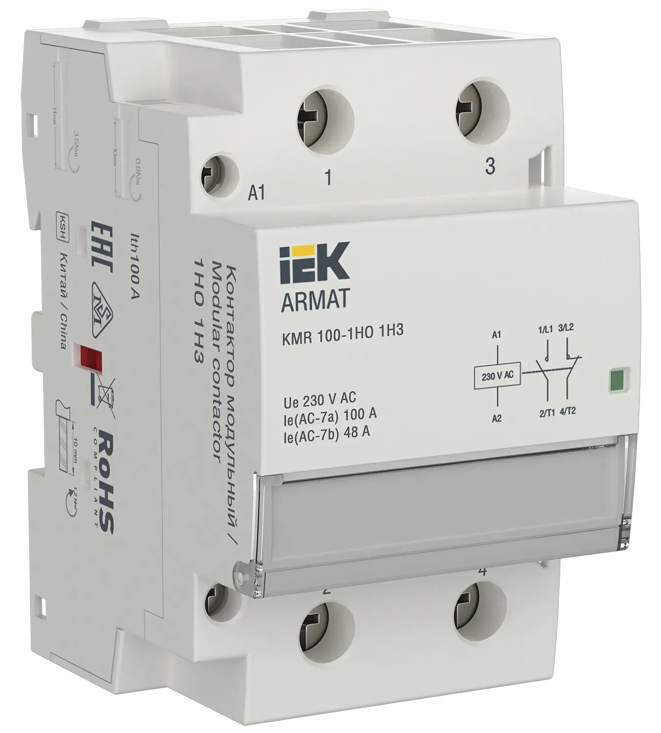 ARMAT Контактор модульный KMR 100А 230В AC 1НО 1НЗ IEK IEK AR-KMR10-100-11-230