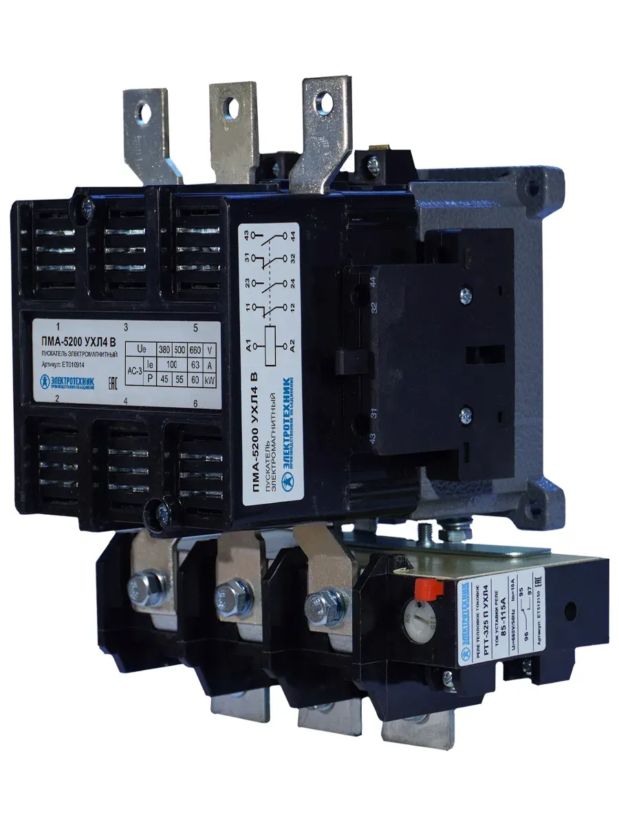 ПМА-5200 УХЛ4 В, 380В, 2з+2р, 100А, нереверсивный, с реле РТТ-325 85-115А, IP00, пускатель электромагнитный  (ЭТ) Электротехник ET010914