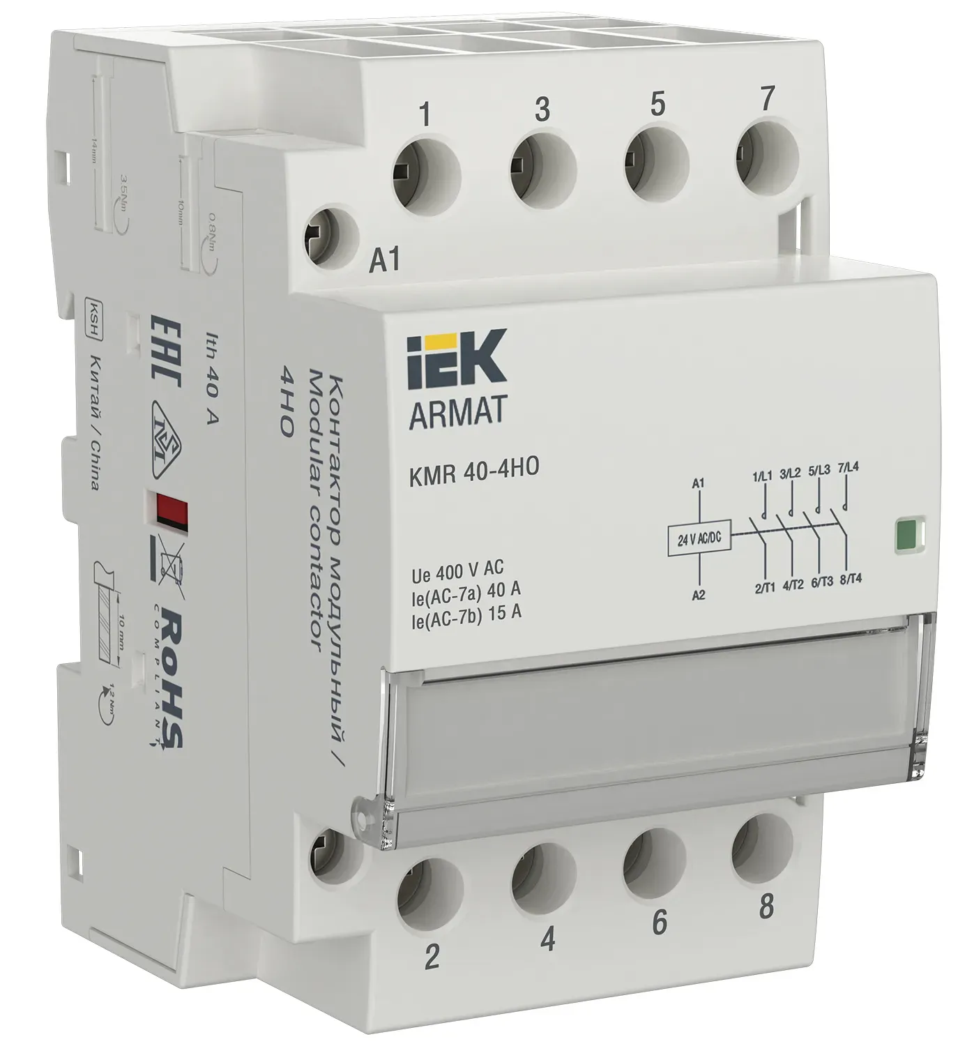 ARMAT Контактор модульный KMR 40А 24В AC/DC 4НО IEK IEK AR-KMR20-040-40-024