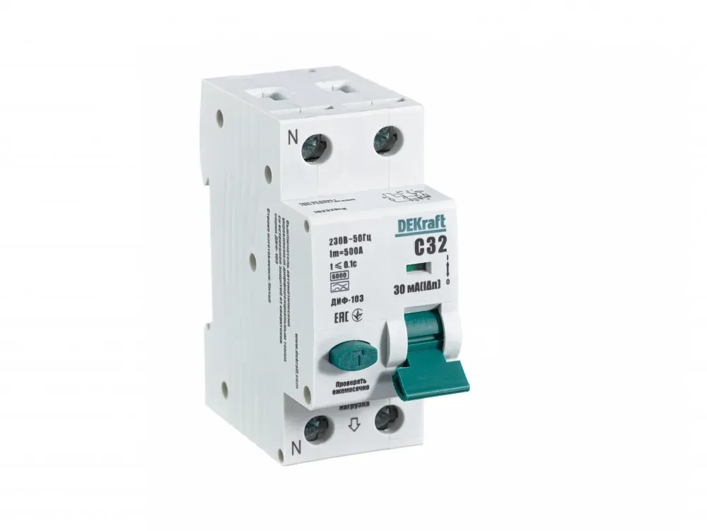 Выключатель автоматический дифференциальный 1Р+N 32А 30мА тип A х-ка С ДИФ-103 6кА SE (Dekraft) 16232DEK