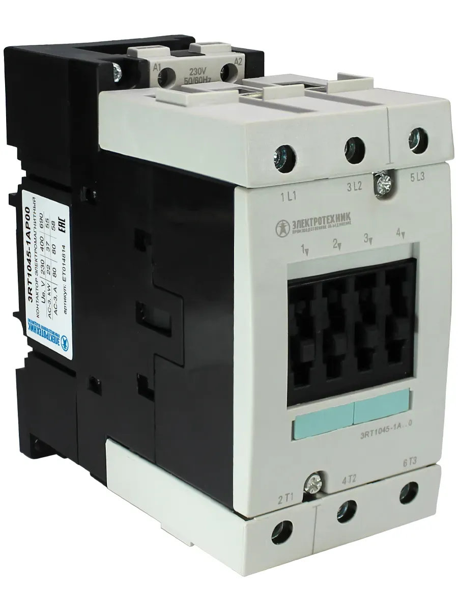 Контактор электромагнитный 3RT1045-1AP00, 3-пол., 80A, AC-3, 37кВт/400V, 230V AC, 50Гц, типоразмер S3, винтовые клеммы, IP20 Электротехник ET014814