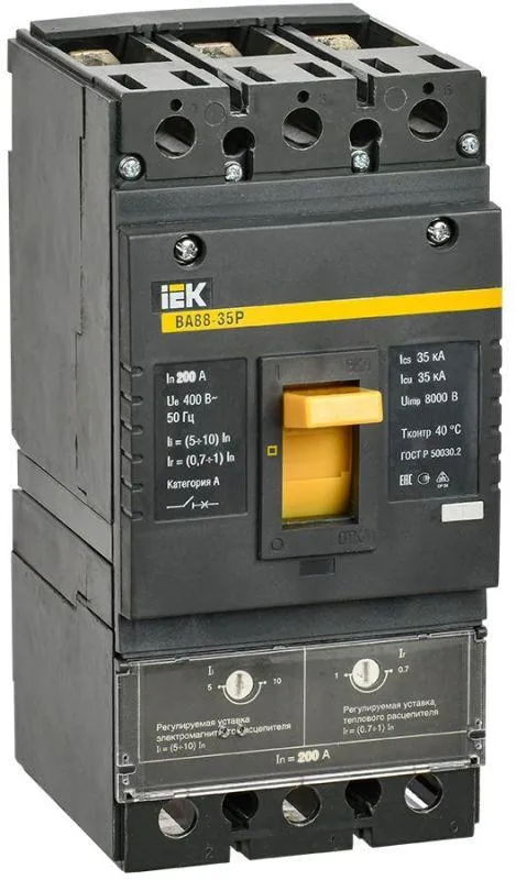 Автоматический выключатель ва88-35р 3р 200а 35ка с механической регулировкой термо-магнитного расцепителя IEK SVAR30-3-0200