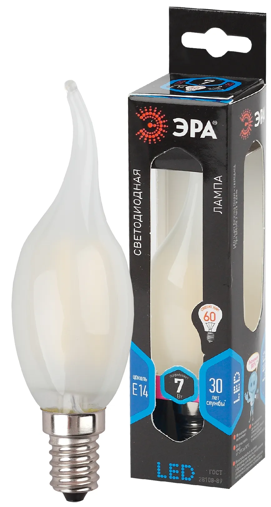 Лампа светодиодная филаментная f-led bxs-7w-840-e14 frost (филамент, свеча на ветру мат., 7вт, нейтр, e14 (10/100/2800) ЭРА Б0027955
