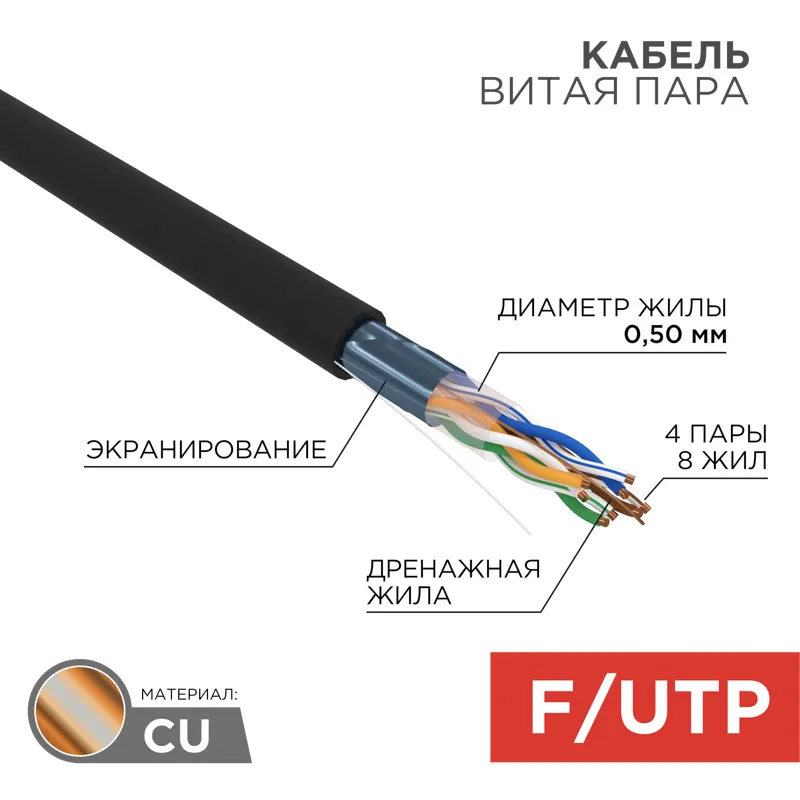 Витая пара  F/UTP CAT 5e PE 4PR 24AWG OUTDOOR SOLID черный 305м