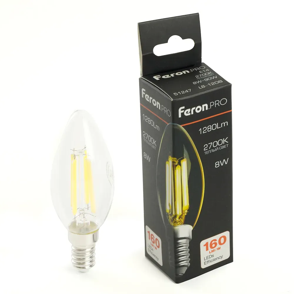 Лампа светодиодная led 8вт е14 теплый свеча filament feron.pro STEKKER 51247