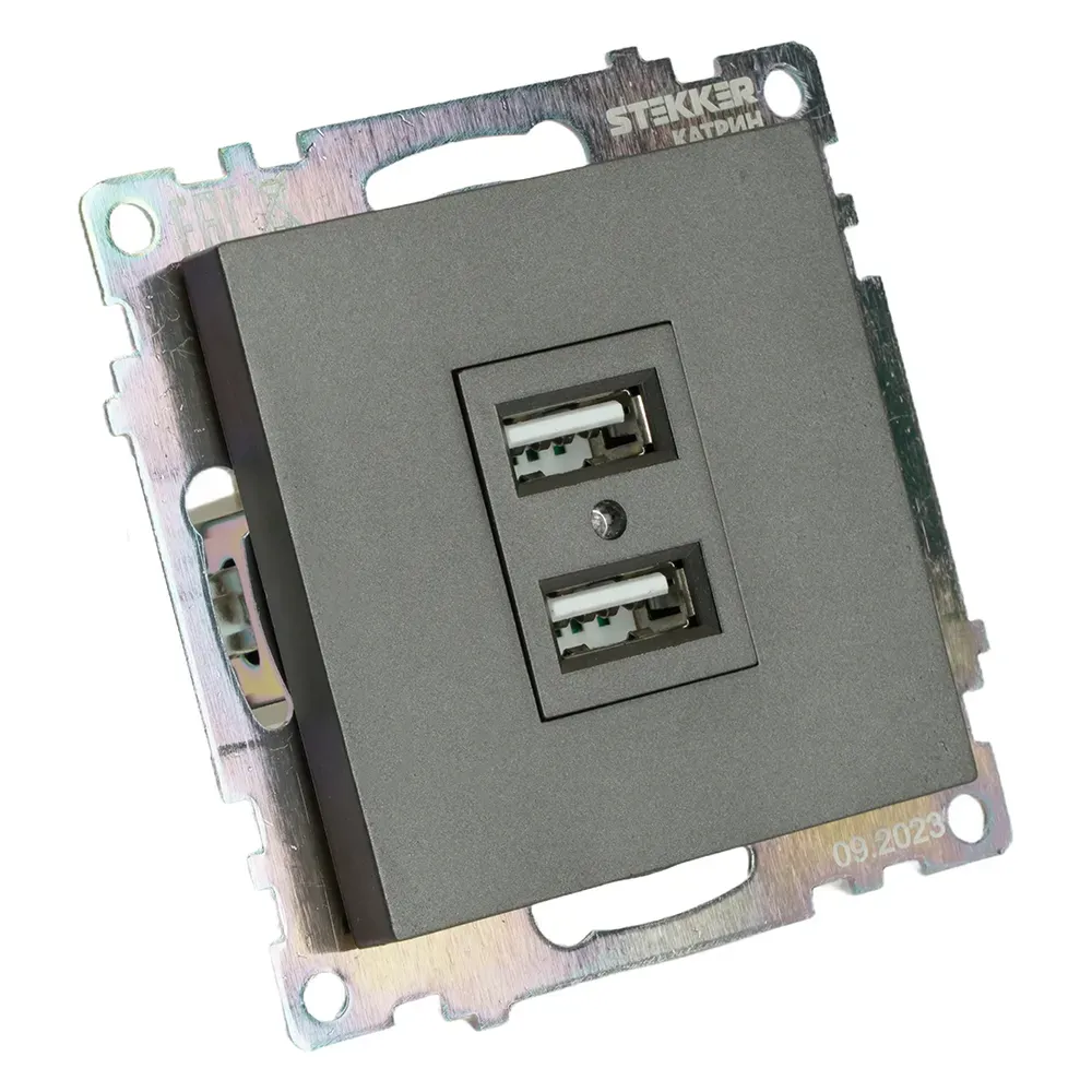 Розетка двухместная USB (механизм) 250В 2,1А серия Катрин графит STEKKER