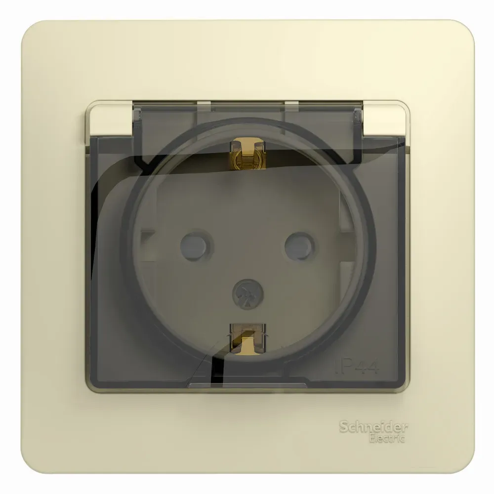 GLOSSA Розетка с заземлением со шторками с крышкой бежевая в сборе IP44 SE (Потенциал) GSL000248