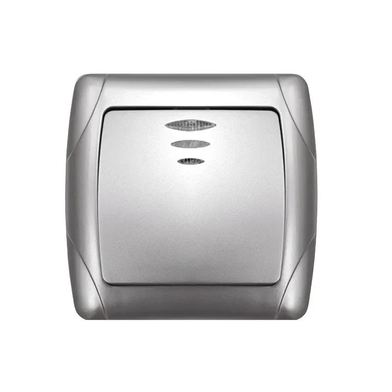 Маргарита выключатель одноклавишный с подсветкой  с/у, 10А, 220В, серебро (еврослот) Универсал М0121-S