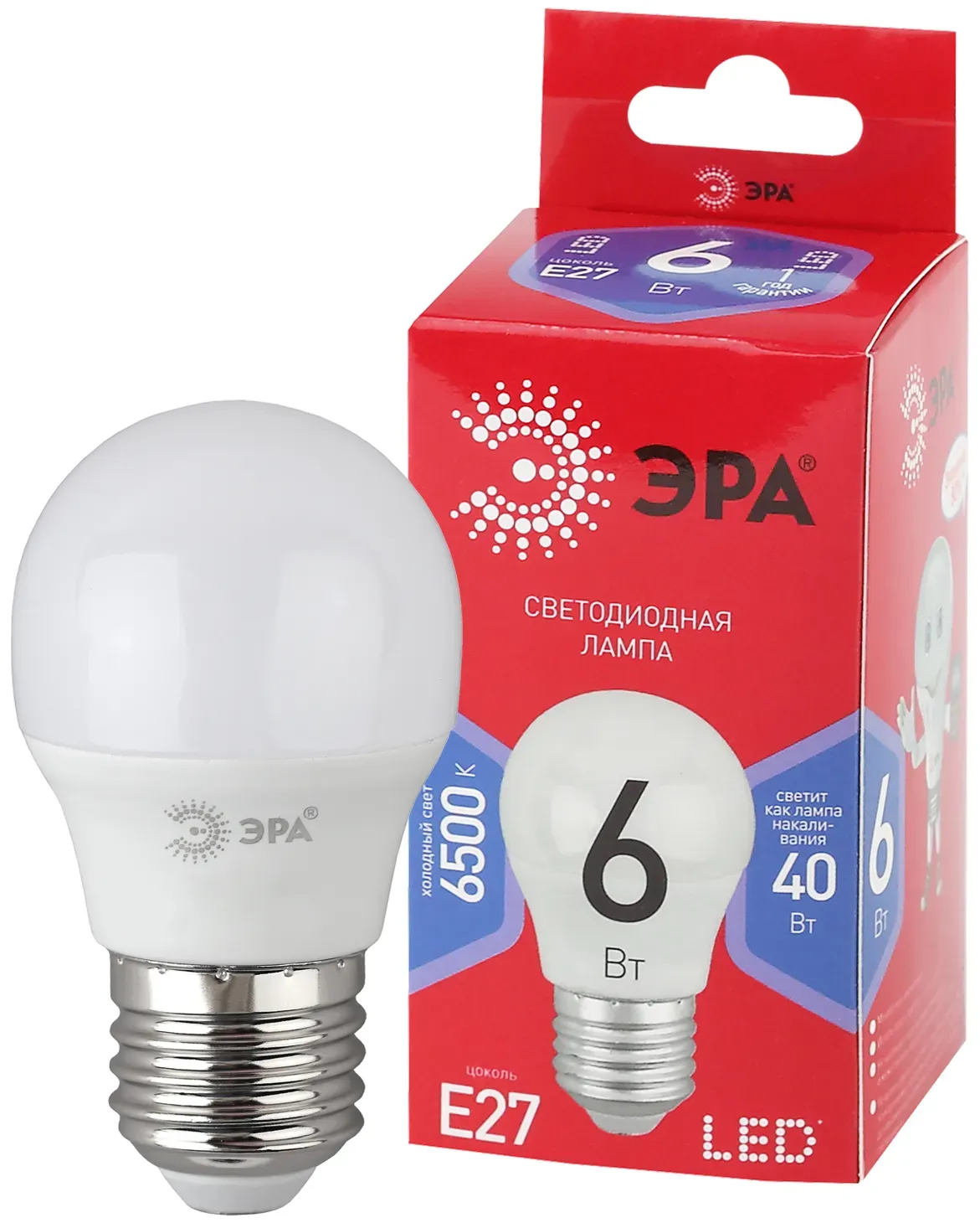 Лампа светодиодная led p45-6w-865-e27 r (диод, шар, 6вт, хол, e27) (10/100/3600) ЭРА Б0045357