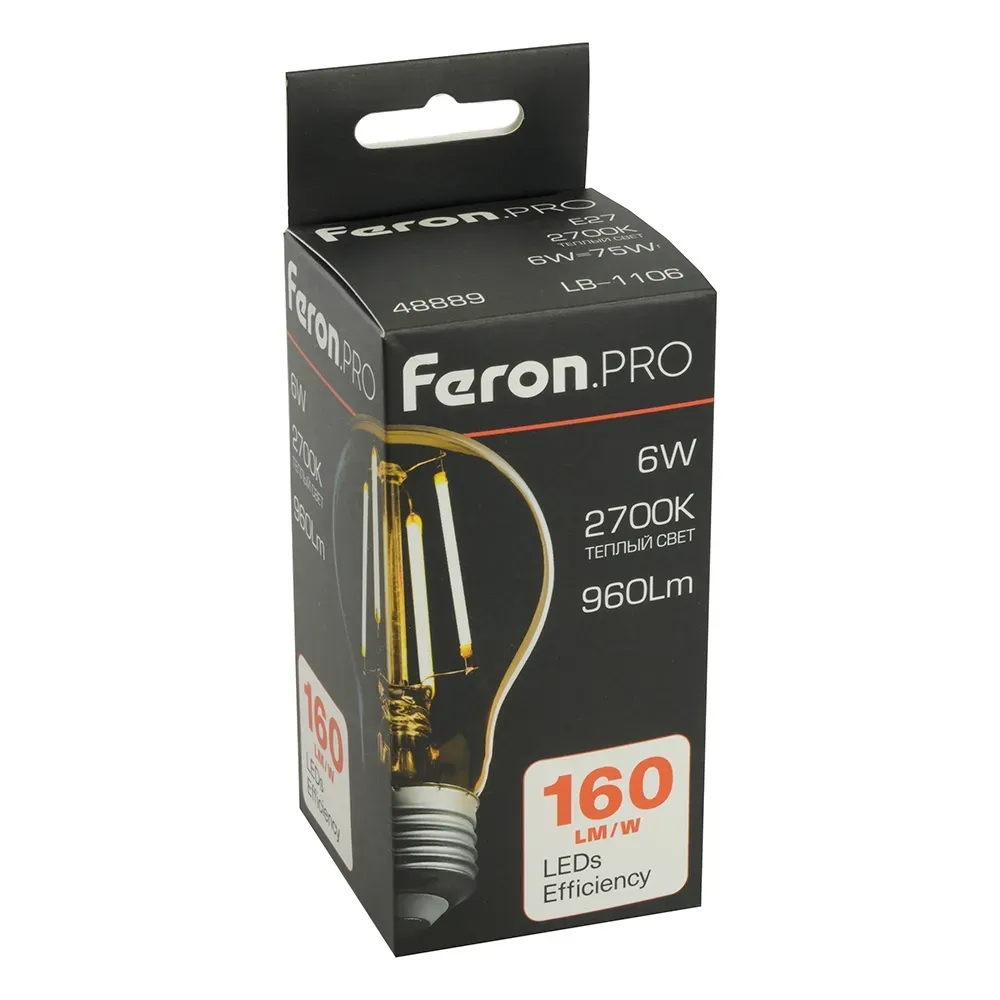 Лампа светодиодная LED 6вт Е27 теплый FILAMENT Feron.PRO