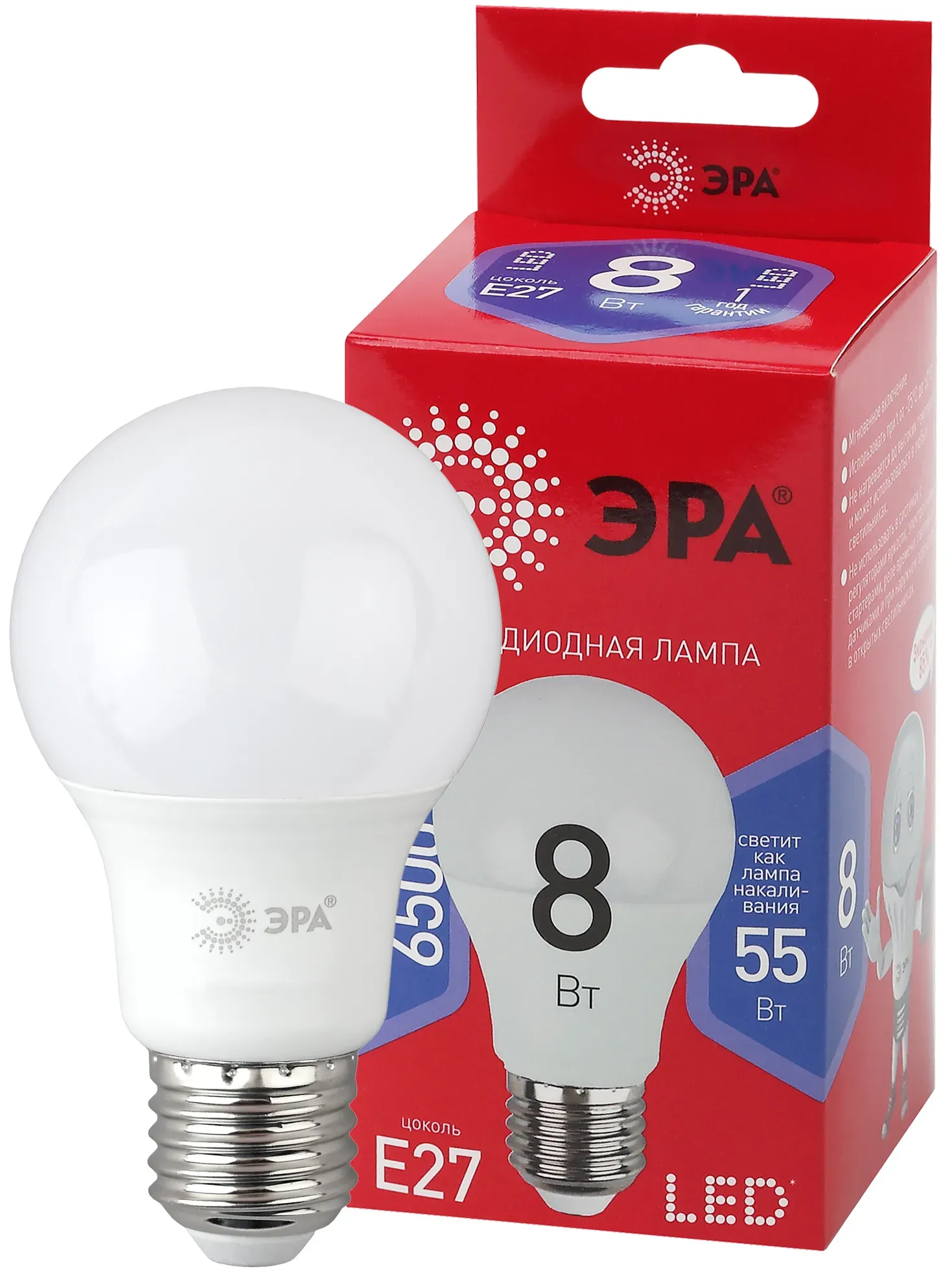 Лампа светодиодная led a60-8w-865-e27 r (диод, груша, 8вт, хол, e27) (10/100/1500) ЭРА Б0045323