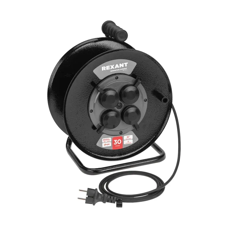 Удлинитель силовой КГ на катушке 4 гнезда, с/з, 30 м, 3х1,5 мм2, IP44 c защитными крышками, металлическая катушка REXANT 13-5011