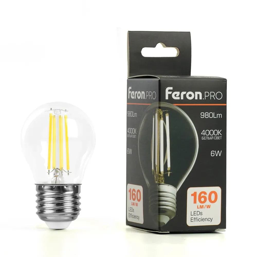 Лампа светодиодная LED 6вт Е27 белый шар FILAMENT Feron.PRO