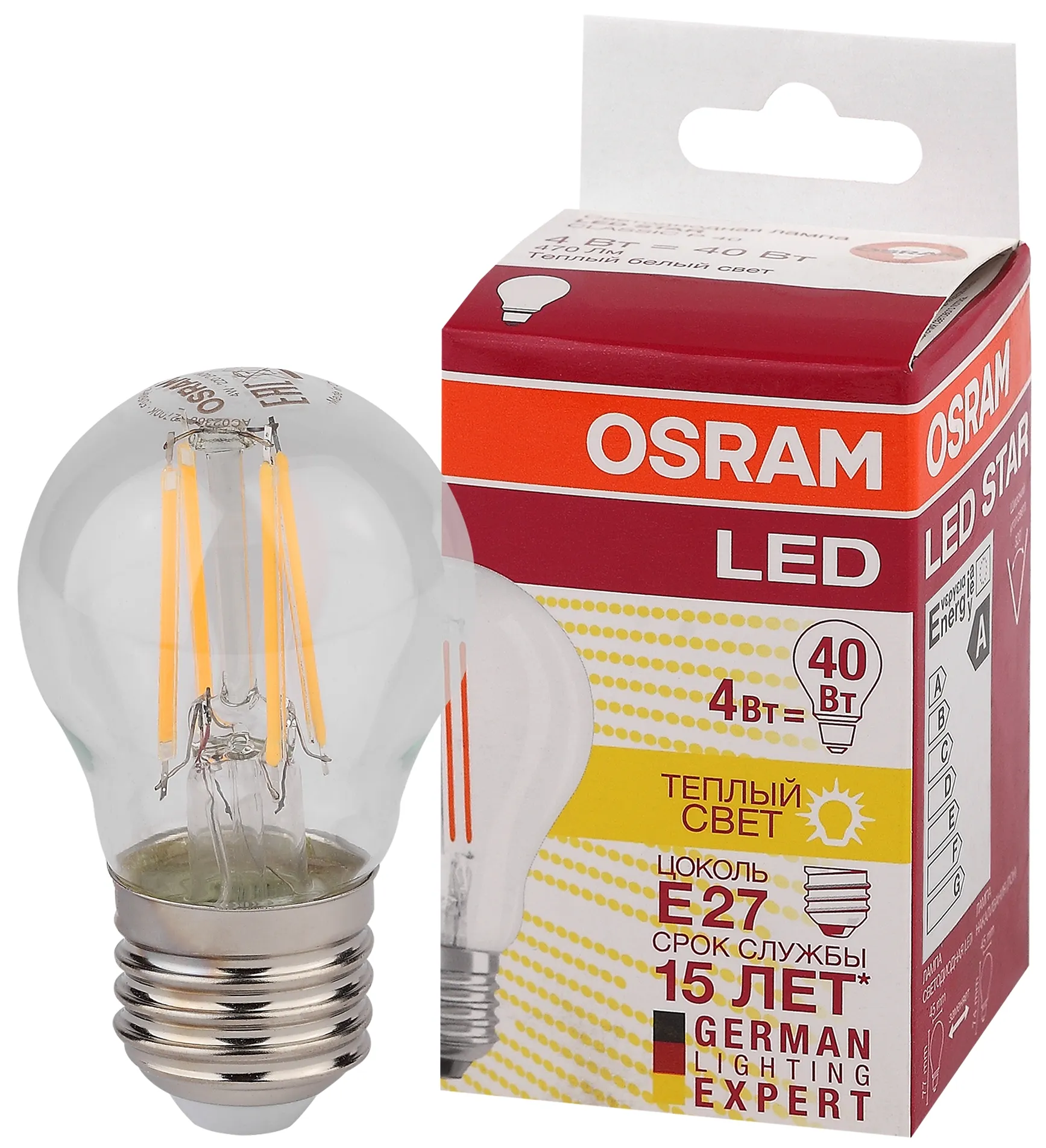 Лампа светодиодная led 4вт е27 star classicp (замена 40вт),теплый, прозр, филаментная osram LEDVANCE 4052899971639