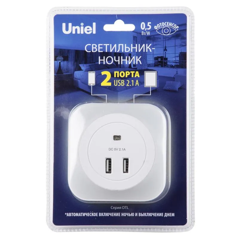 Светильник ночник с фотосенсором (день-ночь) DTL-321 2USB Белый ТМ Uniel UL-00007348
