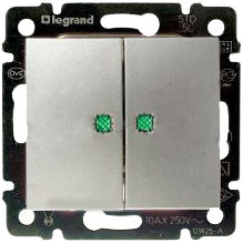 LEGRAND 770213 Выключатель 2-клавишный, с двумя индикаторами, 10АХ, 250В, блестящий алюминий, Valena