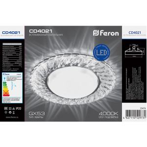 Светильник встраиваемый с белой LED подсветкой Feron CD4021 потолочный GX53 без лампы прозрачный 29474
