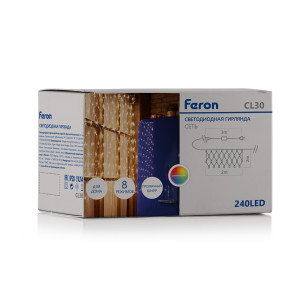 Светодиодная гирлянда Feron CL30 сеть 2х2м + 3м 230V мультиколор, c питанием от сети, прозрачный шнур
