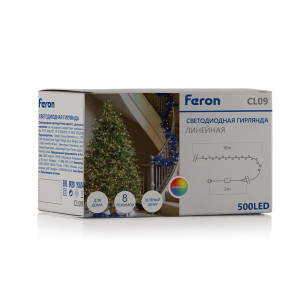 Светодиодная гирлянда Feron CL09 линейная 10м + 2м 230V мультиколор, c питанием от сети, зеленый шнур