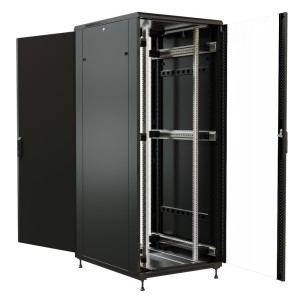WRline Шкаф напольный 19-дюймовый, 32U, 1610x800х1200 мм (ВхШхГ), передняя стеклянная дверь со стальными перфорированными боковинами, задняя дверь сплошная, цвет черный (RAL 9004) (разобранный)