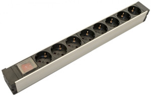 Hyperline SHZ19-8SH-S-IEC Блок розеток для 19 шкафов, горизонтальный, 8 розеток Schuko, выключатель с подсветкой, без кабеля питания, входной разъем IEC320 C14 10А, 250В, 482.6x44.4x44.4мм (ШхГхВ), корпус алюминий
