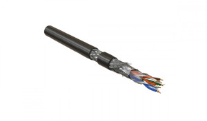 Hyperline SFUTP4-C5E-P26-IN-PVC-BK-305 (305 м) Кабель витая пара, экранированная SF/UTP, категория 5e, 4 пары (26 AWG), многожильный (patch), экран - фольга + медная оплетка, PVC, –20°C – +75°C, черный