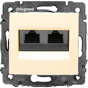 LEGRAND 774143 Модуль розетки информационной 2хRJ45, Кат.6, без захватов, UTP, слоновая кость, Valena