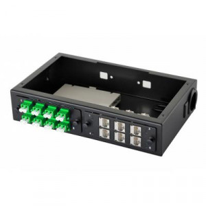 Планка Eurolan Q-SLOT, OS2, 8 х LC, Duplex, предустановлено 8, для слотовых панелей, цвет адаптеров: зеленый, монтажные шнуры, КДЗС, APC, цвет: чёрный