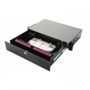 Коммутационная панель ВО Eurolan 47F-48, 2HU, портов: 48 SC (SM) OM4, установлено адаптеров: 48 выдвижная, цвет: чёрный, цвет адаптеров: пурпурный, адаптеры, сплайс-кассеты