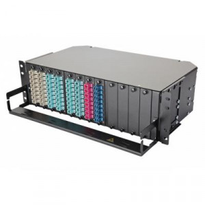 Коммутационная панель ВО Eurolan 47K-12, 3HU, портов: 12 SC (SM)OS2, установлено адаптеров: 96 невыдвижная, орг-йзер: предустановлен, цвет: чёрный, цвет адаптеров: синий, адаптеры, сплайс-кассеты