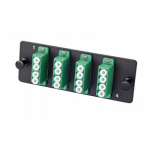 Планка Eurolan Q-SLOT, OS2, 4 х LC/APC, Quatro, предустановлено 4, для слотовых панелей, цвет адаптеров: зеленый, монтажные шнуры, КДЗС, APC, цвет: чёрный
