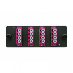 Планка Eurolan Q-SLOT, OM4 50/125, 4 х LC/PC, Quatro, предустановлено 4, для слотовых панелей, цвет адаптеров: пурпурный, монтажные шнуры, КДЗС, цвет: чёрный