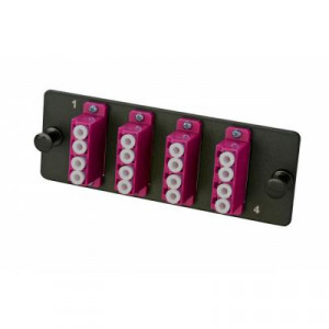 Планка Eurolan Q-SLOT, OM4 50/125, 4 х LC/PC, Quatro, предустановлено 4, для слотовых панелей, цвет адаптеров: пурпурный, монтажные шнуры, КДЗС, цвет: чёрный