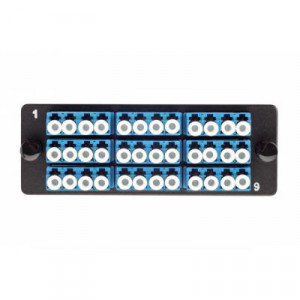 Планка Eurolan Q-SLOT, OM4 50/125, 9 х LC, Quatro, для слотовых панелей, цвет адаптеров: синий, монтажные шнуры, КДЗС, цвет: чёрный
