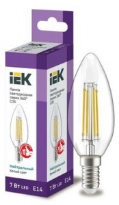 Лампа светодиодная филаментная 360° 7Вт C35 свеча 4000К E14 прозр. IEK LLF-C35-7-230-40-E14-CL